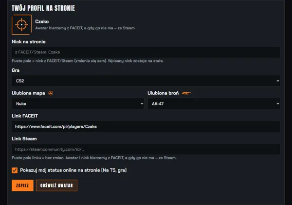 Edycja profilu: mapa, broń, Steam, FACEIT, awatar